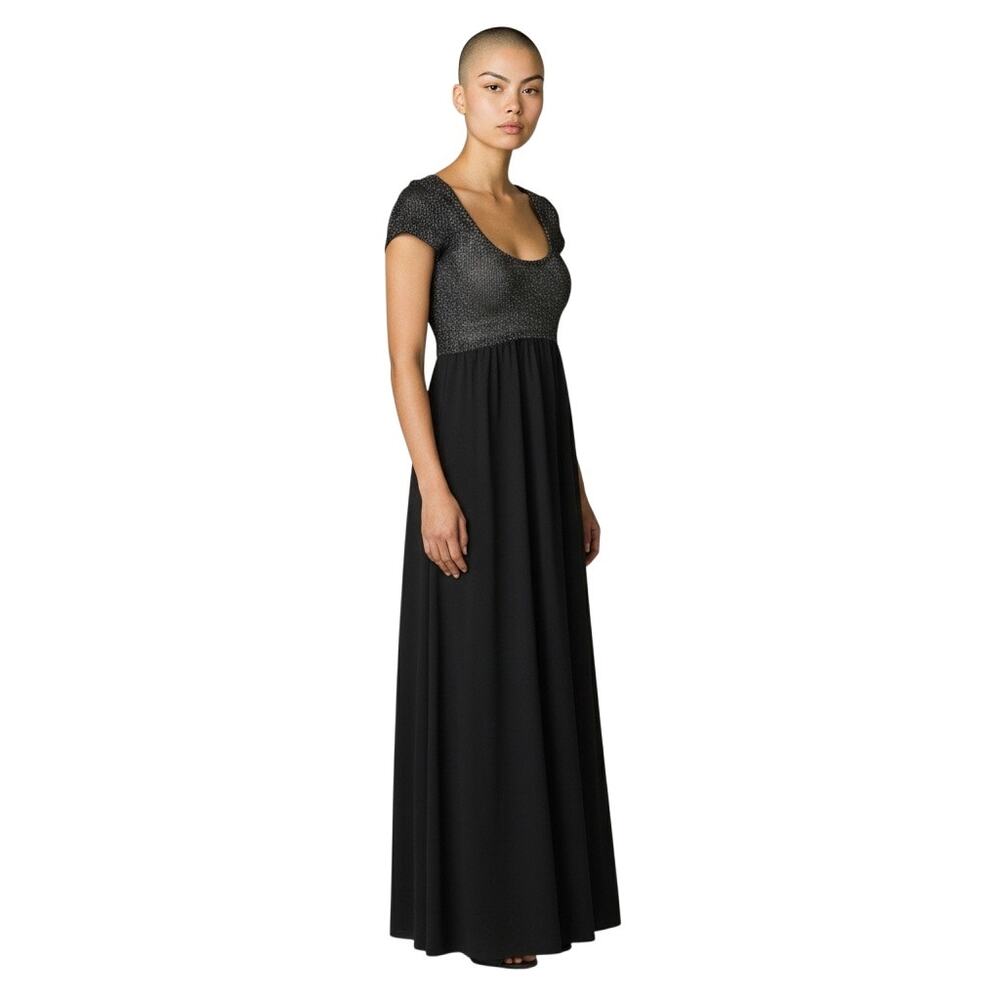 70s Metallic Lurex Empire Waist Maxi Dress Disco Glam Black Gown XS -